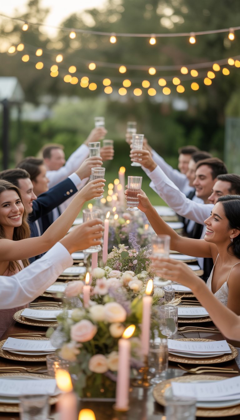 Guests at a wedding dinner party raising their glasses in a toast around a decorated outdoor table.